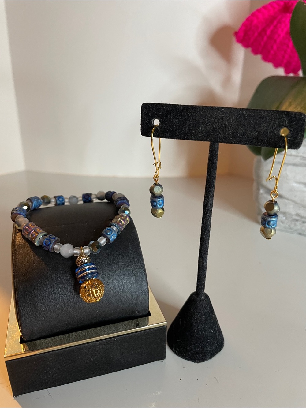 Blue Beaded Bracelet with Gold Accent Charm